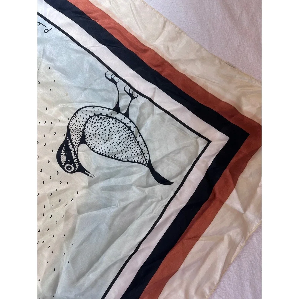 Vintage Bird Graphic Square Scarf Cream Orange Black 34.5 In. Silk Like Folk Art